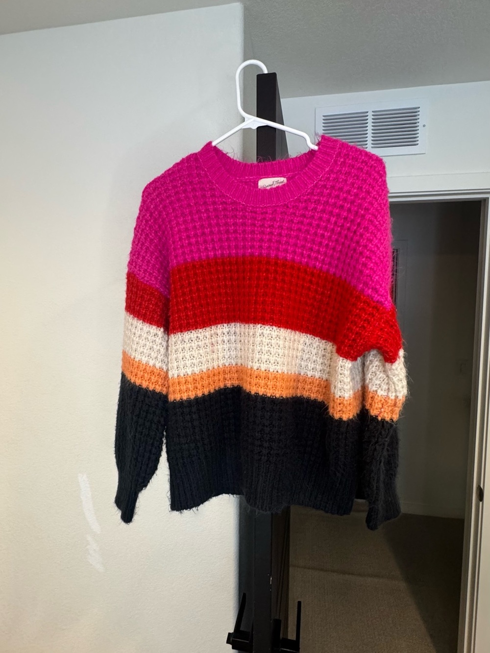 Colorblock Knit Crewneck Sweater in Pink, Red, Cream, Orange, and Black